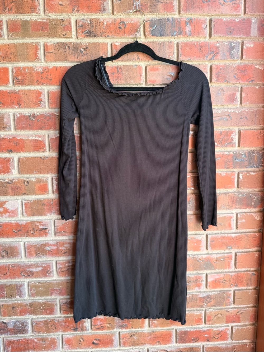 Black Long Sleeve Ribbed Dress with Lettuce Trim
